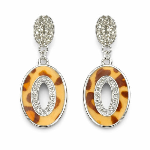 Leopard Print Oval Drop Earrings with Crystal Accents - Sable & Red