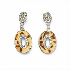 Leopard Print Oval Drop Earrings with Crystal Accents - Sable & Red