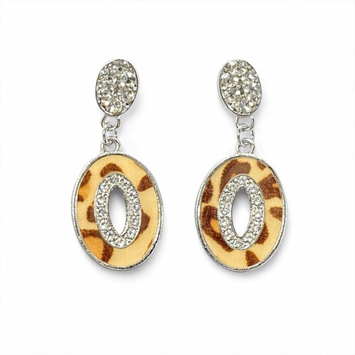 Leopard Print Oval Drop Earrings with Crystal Accents - Sable & Red
