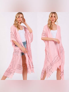 Light Pink Boho Fringe Stitch Design Open Duster Kimono Cover-Up Shawl - Sable & Red