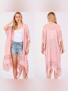 Light Pink Boho Fringe Stitch Design Open Duster Kimono Cover-Up Shawl - Sable & Red