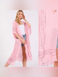 Light Pink Boho Fringe Stitch Design Open Duster Kimono Cover-Up Shawl - Sable & Red