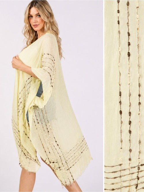 Light Yellow Boho Fringe Stitch Design Open Kimono Cover-Up Shawl Wrap - Sable & Red