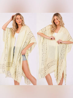 Light Yellow Boho Fringe Stitch Design Open Kimono Cover-Up Shawl Wrap - Sable & Red