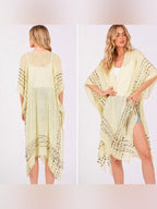 Light Yellow Boho Fringe Stitch Design Open Kimono Cover-Up Shawl Wrap - Sable & Red