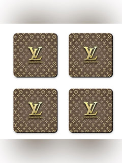 Louis Vuitton LV Logo Brown Gold Fashion Coaster Set - Set of 4 Glossy Coasters - Sable & Red
