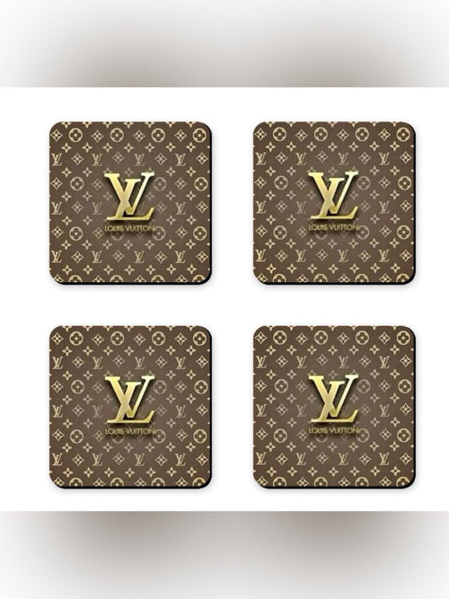 Louis Vuitton LV Logo Brown Gold Fashion Coaster Set - Set of 4 Glossy Coasters - Sable & Red