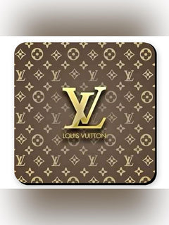 Louis Vuitton LV Logo Brown Gold Fashion Coaster Set - Set of 4 Glossy Coasters - Sable & Red