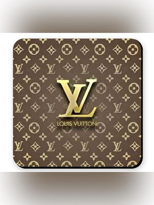 Louis Vuitton LV Logo Brown Gold Fashion Coaster Set - Set of 4 Glossy Coasters - Sable & Red