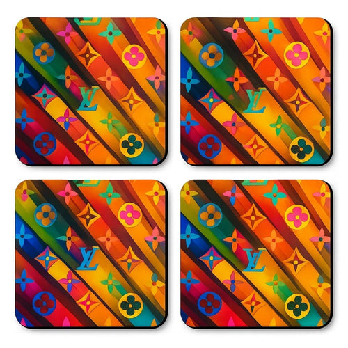 Louis Vuitton LV Logo Colorful Fashion Coasters Set - Set of 4 Glossy Coasters - Sable & Red