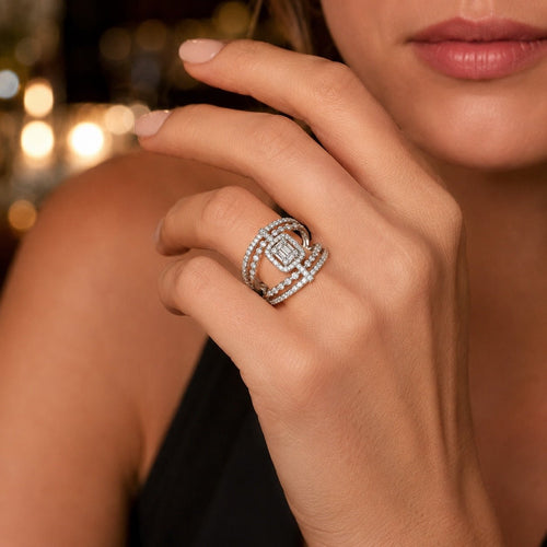 Luxury Emerald-Cut CZ Pavé Statement Ring - Sable & Red