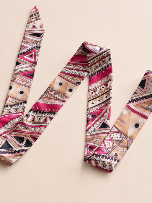 Luxury Silk Scarf Hair Tie Geometric Print Pink Beige Designer Accessory - Sable & Red