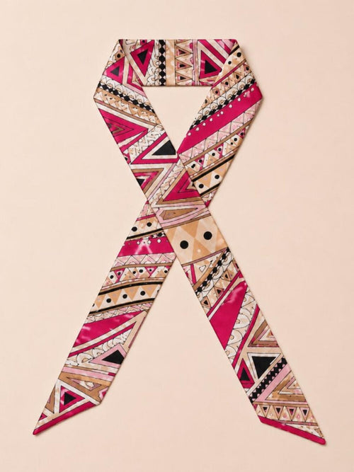 Luxury Silk Scarf Hair Tie Geometric Print Pink Beige Designer Accessory - Sable & Red