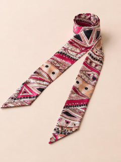 Luxury Silk Scarf Hair Tie Geometric Print Pink Beige Designer Accessory - Sable & Red