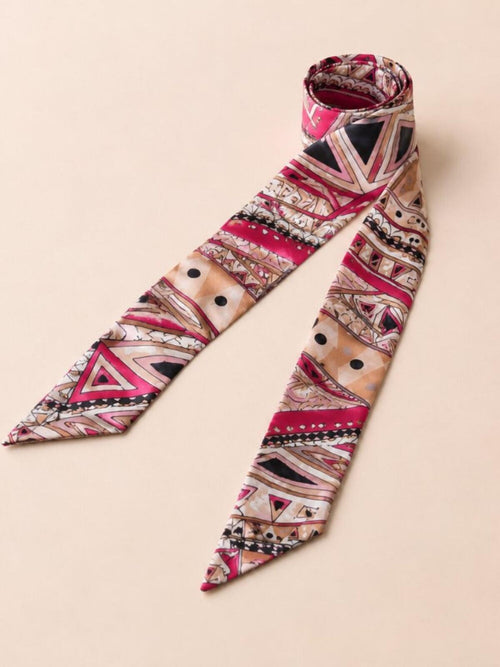 Luxury Silk Scarf Hair Tie Geometric Print Pink Beige Designer Accessory - Sable & Red