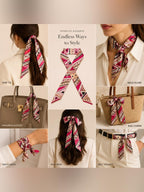 Luxury Silk Scarf Hair Tie Geometric Print Pink Beige Designer Accessory - Sable & Red