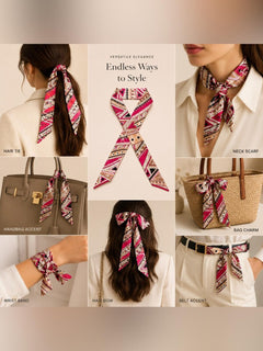 Luxury Silk Scarf Hair Tie Geometric Print Pink Beige Designer Accessory - Sable & Red