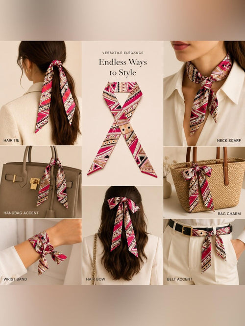 Luxury Silk Scarf Hair Tie Geometric Print Pink Beige Designer Accessory - Sable & Red