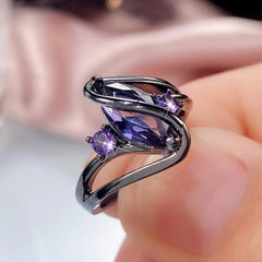 Marquise Cut Amethyst Gemstone Crystal Ring in Black Gold - Sable & Red