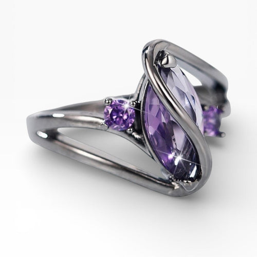 Marquise Cut Amethyst Gemstone Crystal Ring in Black Gold - Sable & Red