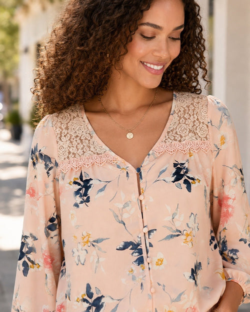 MINE Blush Floral Lace Yoke Smocked Hem Blouse - Sable & Red