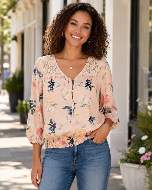 MINE Blush Floral Lace Yoke Smocked Hem Blouse - Sable & Red