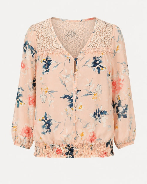 MINE Blush Floral Lace Yoke Smocked Hem Blouse - Sable & Red