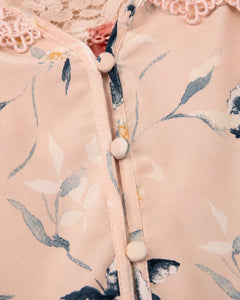 MINE Blush Floral Lace Yoke Smocked Hem Blouse - Sable & Red