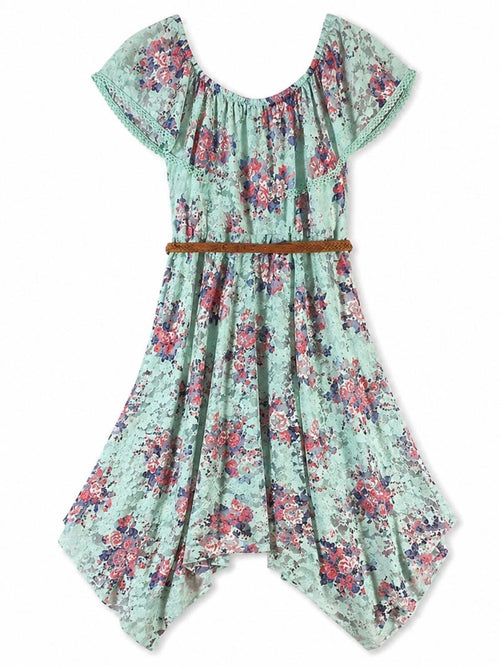 Mint Floral Lace Boho Handkerchief Hem Dress Belted Juniors M 7-9 - Sable & Red