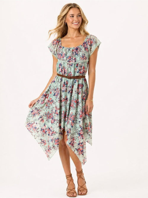 Mint Floral Lace Boho Handkerchief Hem Dress Belted Juniors M 7-9 - Sable & Red