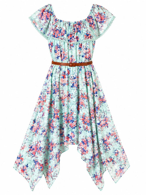 Mint Floral Lace Boho Handkerchief Hem Dress Belted Juniors M 7-9 - Sable & Red