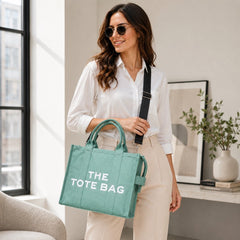 Mint Green Canvas The Tote Bag with Adjustable Shoulder Crossbody Strap - Sable & Red
