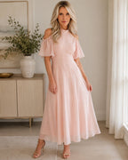 Monsoon Pink Chiffon Mona Angel Sleeve Maxi Dress Size 6 - Sable & Red