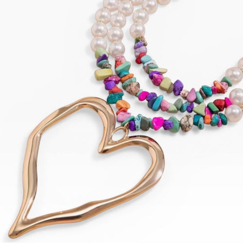 Multi-Strand Boho Pearl & Bead Necklace with Gold Heart Pendant - Sable & Red