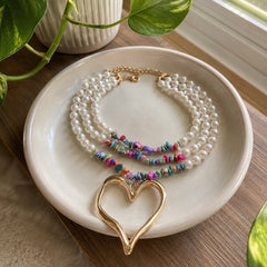 Multi-Strand Boho Pearl & Bead Necklace with Gold Heart Pendant - Sable & Red