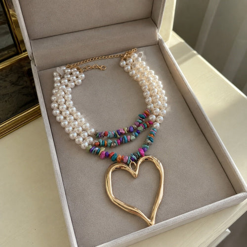 Multi-Strand Boho Pearl & Bead Necklace with Gold Heart Pendant - Sable & Red