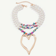Multi-Strand Boho Pearl & Bead Necklace with Gold Heart Pendant - Sable & Red
