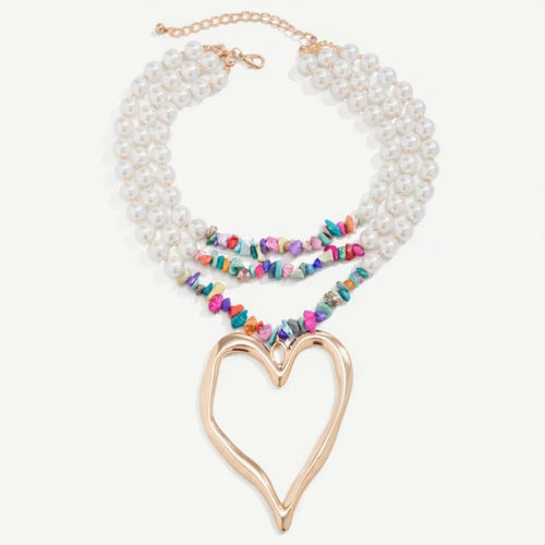 Multi-Strand Boho Pearl & Bead Necklace with Gold Heart Pendant - Sable & Red