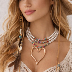 Multi-Strand Boho Pearl & Bead Necklace with Gold Heart Pendant - Sable & Red