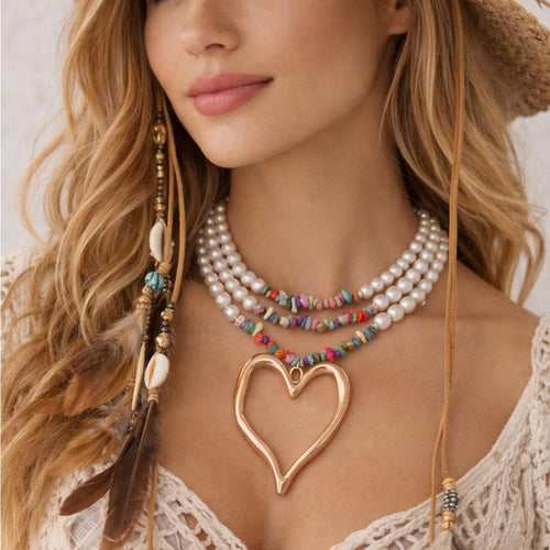 Multi-Strand Boho Pearl & Bead Necklace with Gold Heart Pendant - Sable & Red