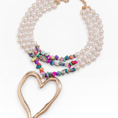 Multi-Strand Boho Pearl & Bead Necklace with Gold Heart Pendant - Sable & Red