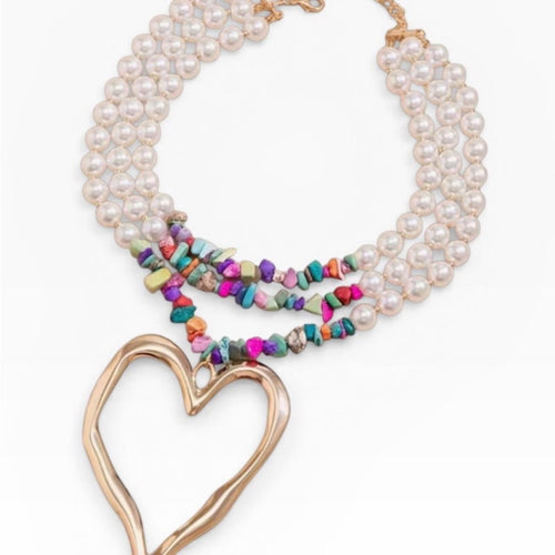 Multi-Strand Boho Pearl & Bead Necklace with Gold Heart Pendant - Sable & Red