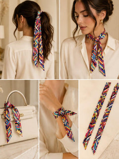 Multicolor Geometric Skinny Scarf Hair Neck Bag Accent - Sable & Red