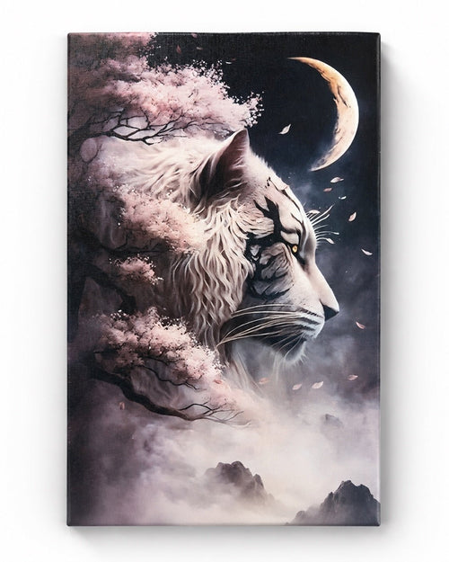 Mystical White Tiger Moon & Cherry Blossom Canvas Wall Art 18x12 - Sable & Red