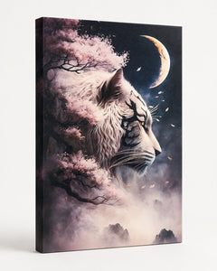 Mystical White Tiger Moon & Cherry Blossom Canvas Wall Art 18x12 - Sable & Red