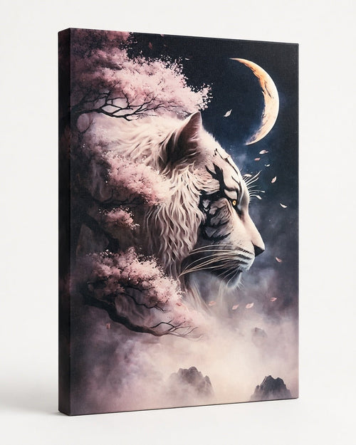 Mystical White Tiger Moon & Cherry Blossom Canvas Wall Art 18x12 - Sable & Red