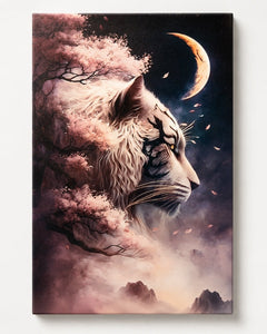 Mystical White Tiger Moon & Cherry Blossom Canvas Wall Art 18x12 - Sable & Red