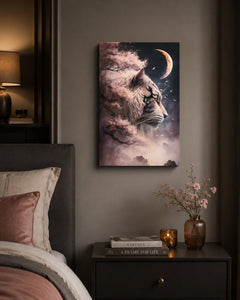 Mystical White Tiger Moon & Cherry Blossom Canvas Wall Art 18x12 - Sable & Red