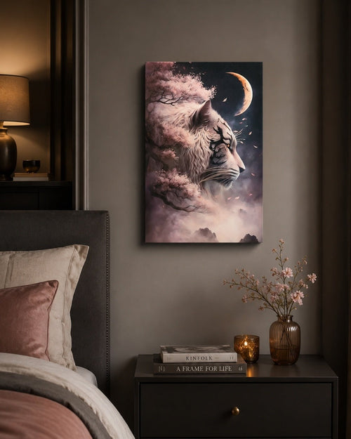 Mystical White Tiger Moon & Cherry Blossom Canvas Wall Art 18x12 - Sable & Red