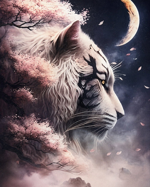 Mystical White Tiger Moon & Cherry Blossom Canvas Wall Art 18x12 - Sable & Red
